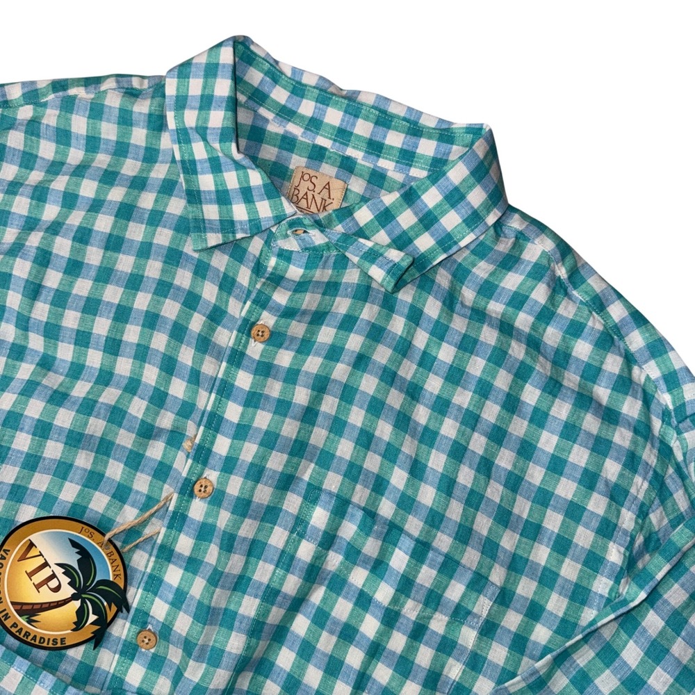 Jos A Bank‎ Mens XL Linen Shirt Vacation In Paradise Teal Blue Gingham New Tags